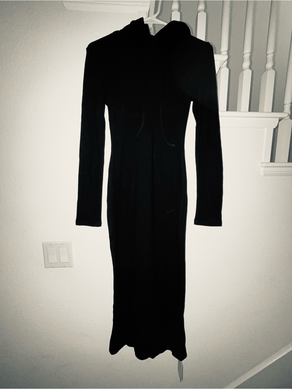 ✨NWT COMMENSE Cozy Black Hooded Ribbed Bodycon Black Dress Long Sleeve